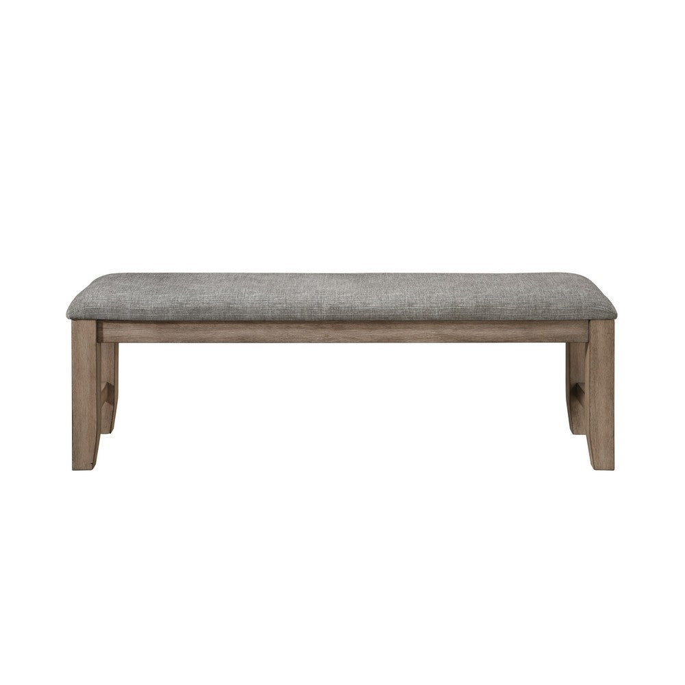 Benjara Harris Dining Bench, Gray Fabric, Brown Solid Rubberwood, 60 Inch