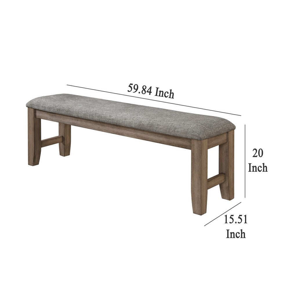 Benjara Harris Dining Bench, Gray Fabric, Brown Solid Rubberwood, 60 Inch