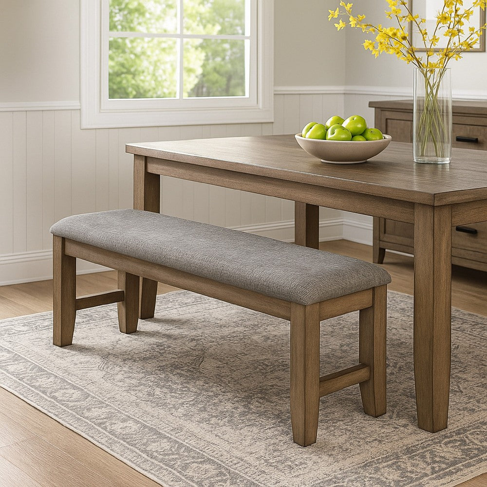 Benjara Harris Dining Bench, Gray Fabric, Brown Solid Rubberwood, 60 Inch