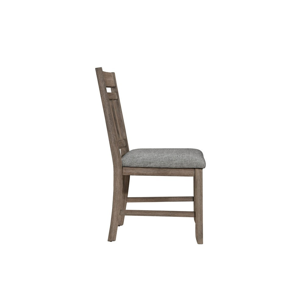 Benjara Harris Dining Chair Set of 2, Gray Fabric Brown Solid Rubberwood