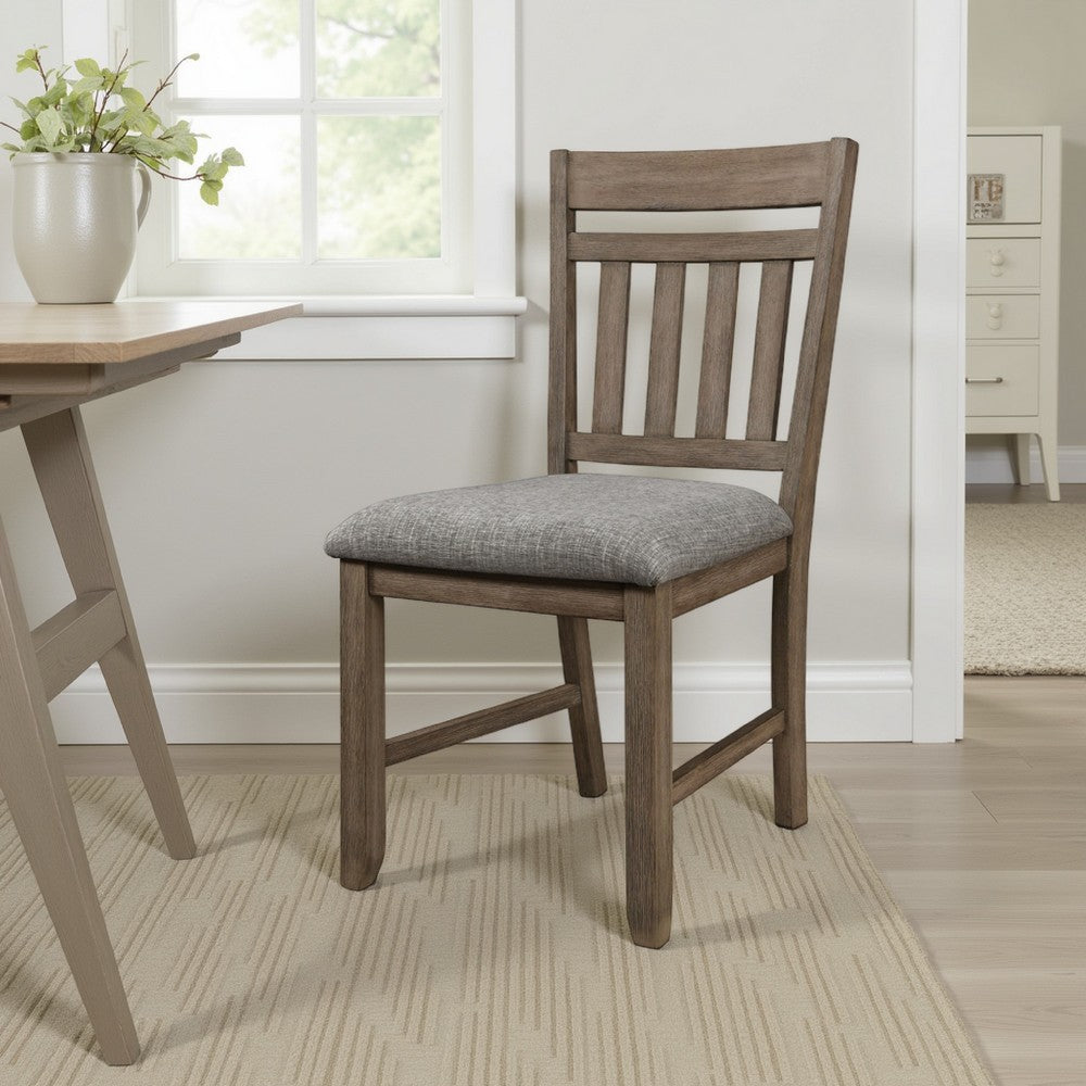 Benjara Harris Dining Chair Set of 2, Gray Fabric Brown Solid Rubberwood