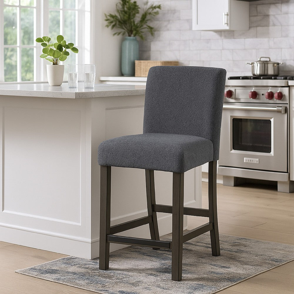 Benjara Ghy Counter Height Chair Set of 2, Gray Fabric, Solid Acacia Wood