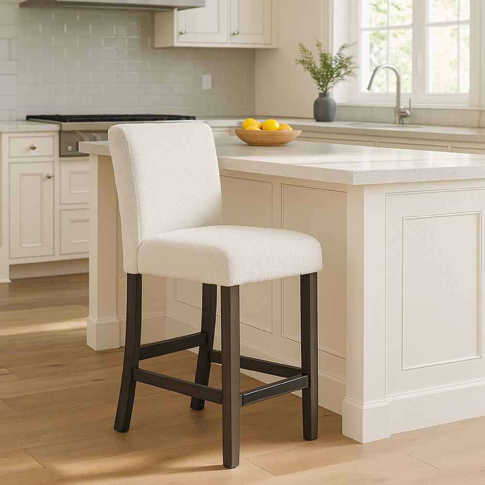 Benjara Ghy Counter Height Chair Set of 2, White Fabric, Solid Acacia Wood