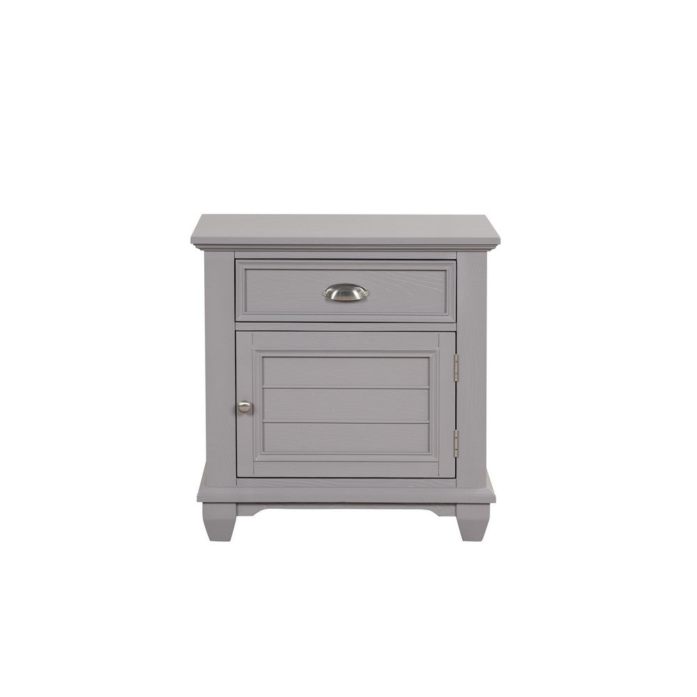 Benjara Limi Nightstand, 1 Drawer, 1 Door Cabinet, Gray Solid Wood, 28 Inch
