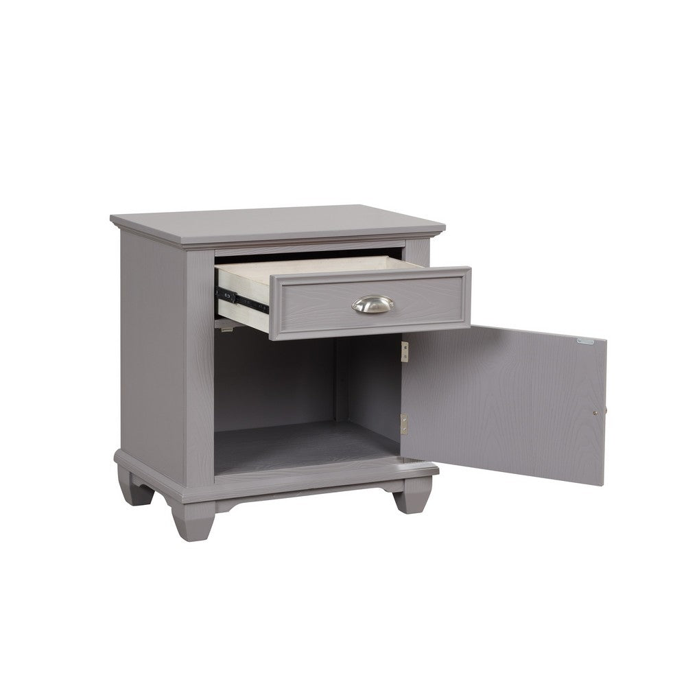 Benjara Limi Nightstand, 1 Drawer, 1 Door Cabinet, Gray Solid Wood, 28 Inch