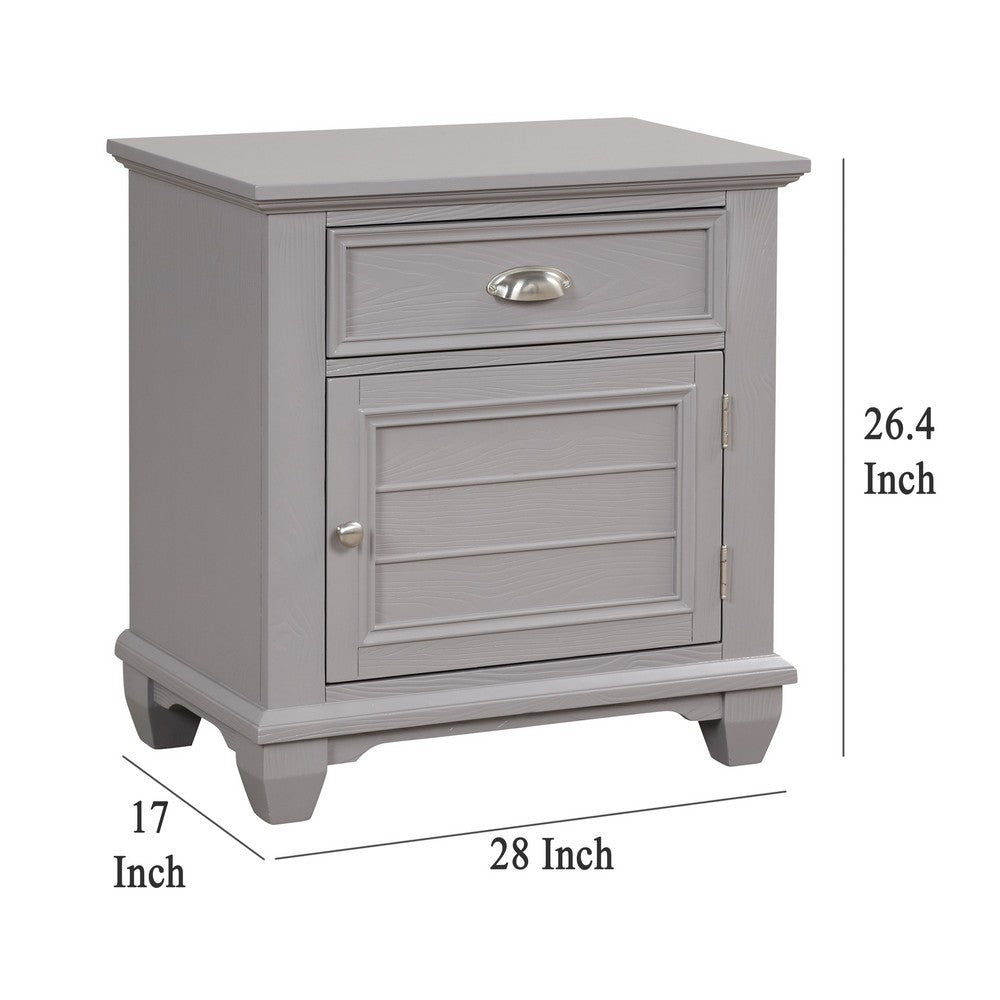 Benjara Limi Nightstand, 1 Drawer, 1 Door Cabinet, Gray Solid Wood, 28 Inch