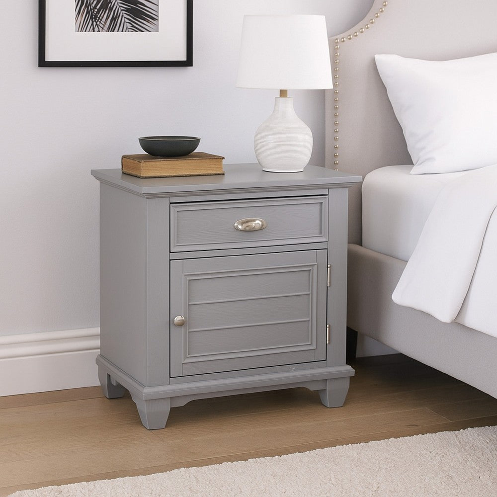 Benjara Limi Nightstand, 1 Drawer, 1 Door Cabinet, Gray Solid Wood, 28 Inch