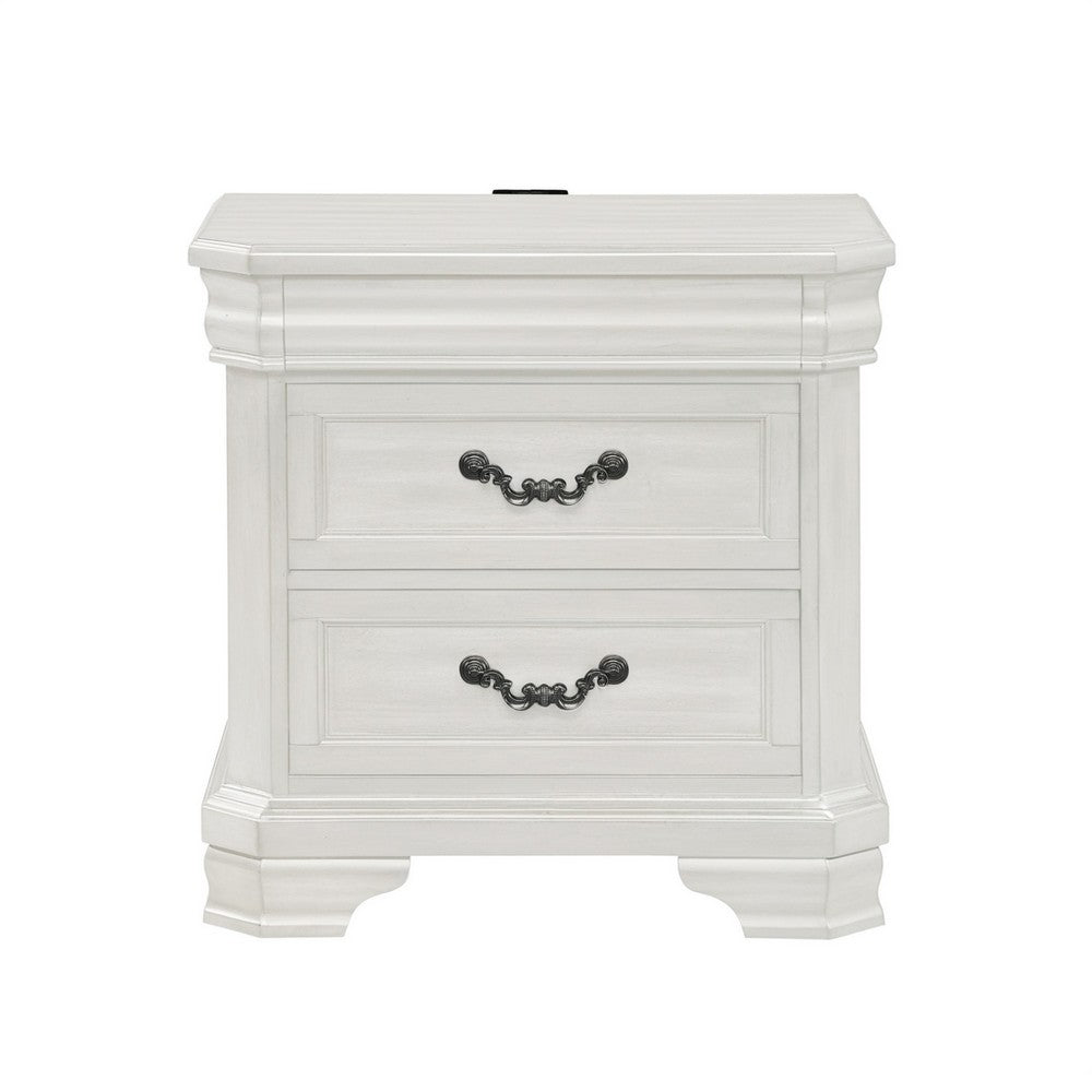 Benjara Lynda Nightstand, 2 Drawers Metal Handles, White Acacia Wood 27 Inch
