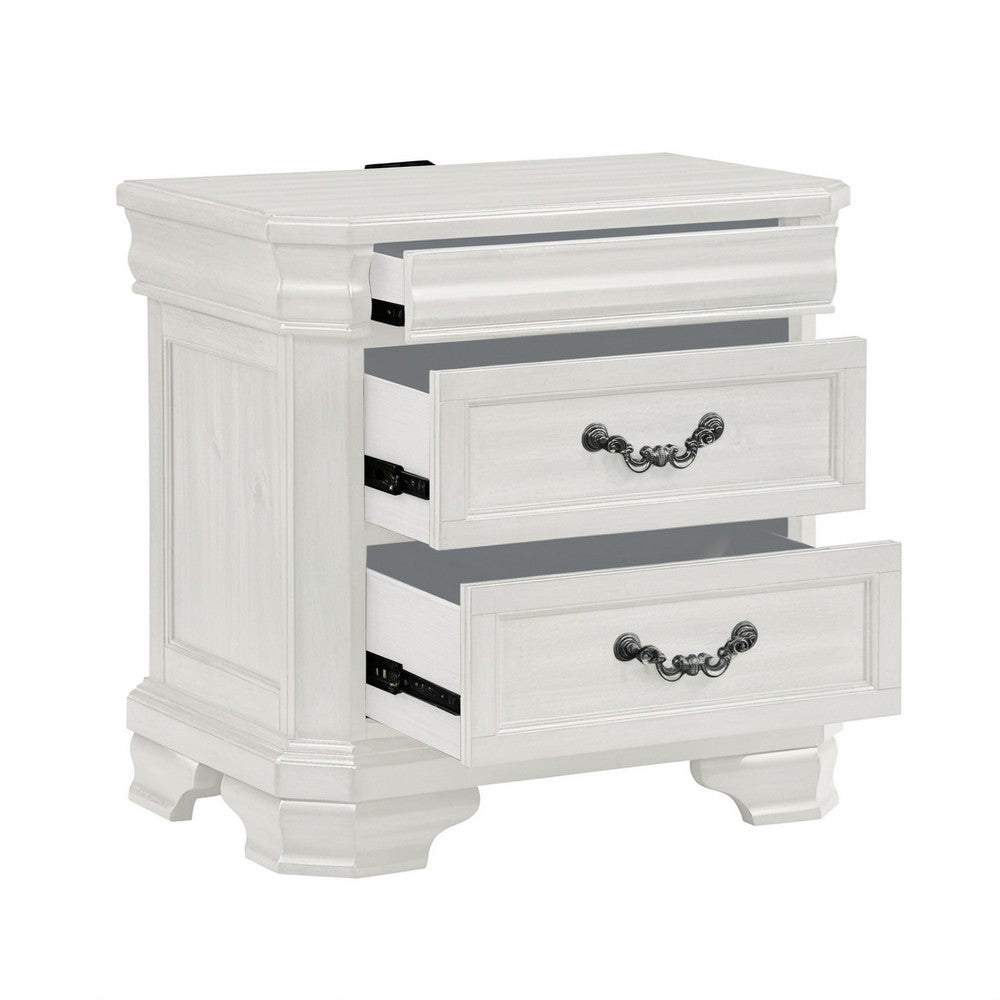 Benjara Lynda Nightstand, 2 Drawers Metal Handles, White Acacia Wood 27 Inch