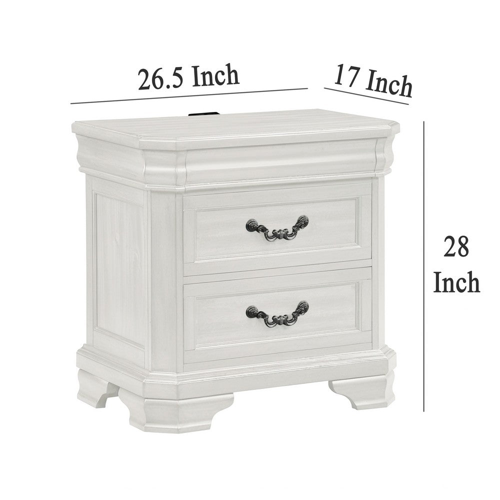 Benjara Lynda Nightstand, 2 Drawers Metal Handles, White Acacia Wood 27 Inch