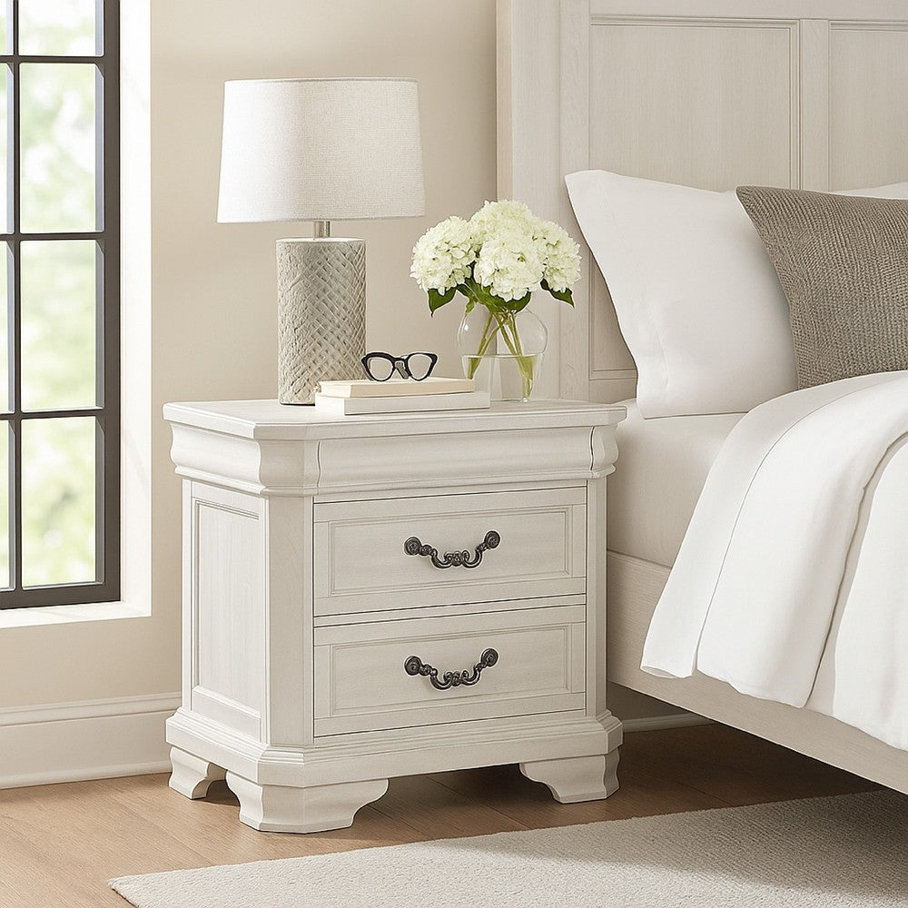 Benjara Lynda Nightstand, 2 Drawers Metal Handles, White Acacia Wood 27 Inch