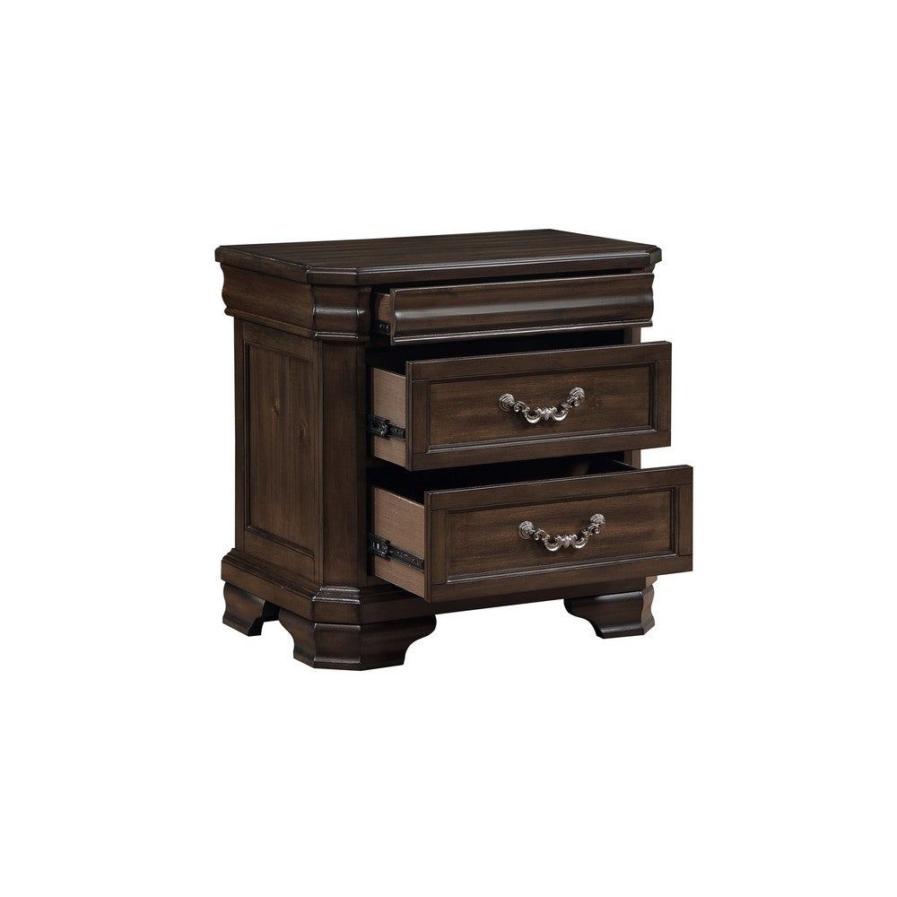 Benjara Lynda Nightstand, 2 Drawers Metal Handles, Brown Acacia Wood, 28 Inch