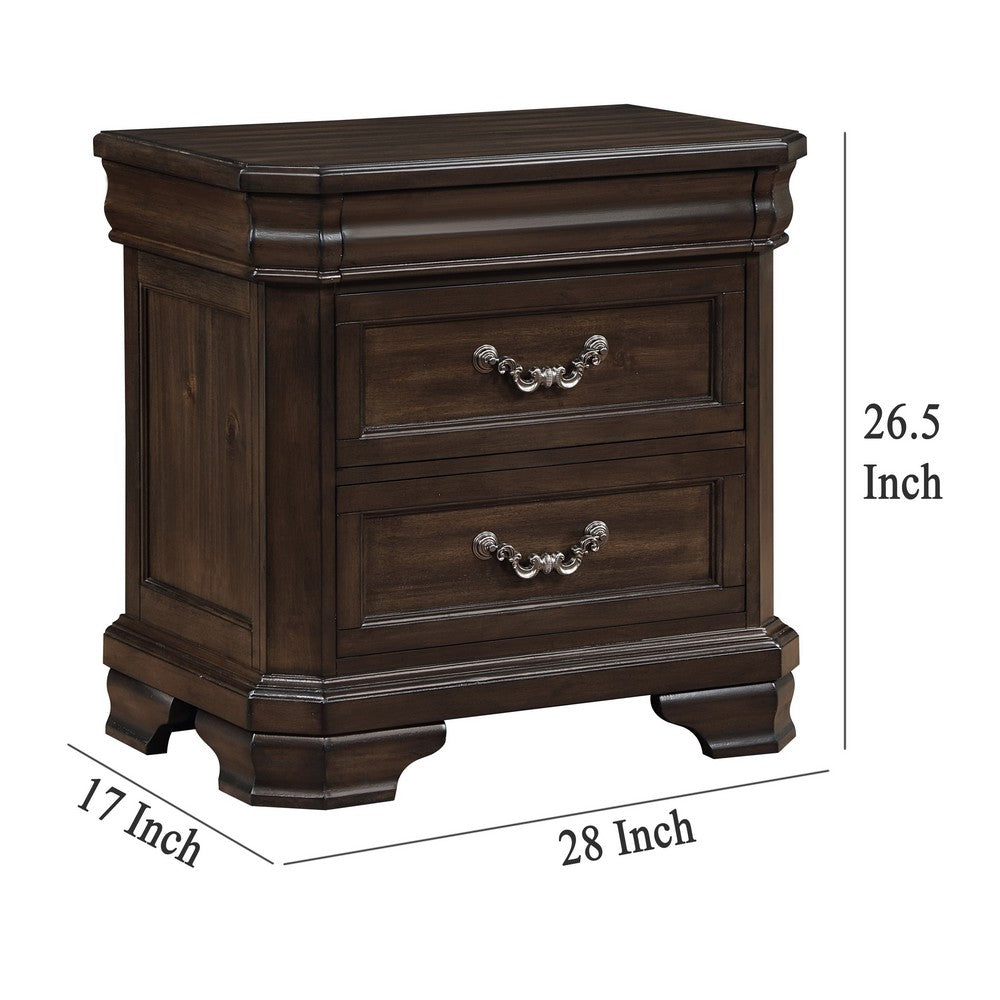 Benjara Lynda Nightstand, 2 Drawers Metal Handles, Brown Acacia Wood, 28 Inch