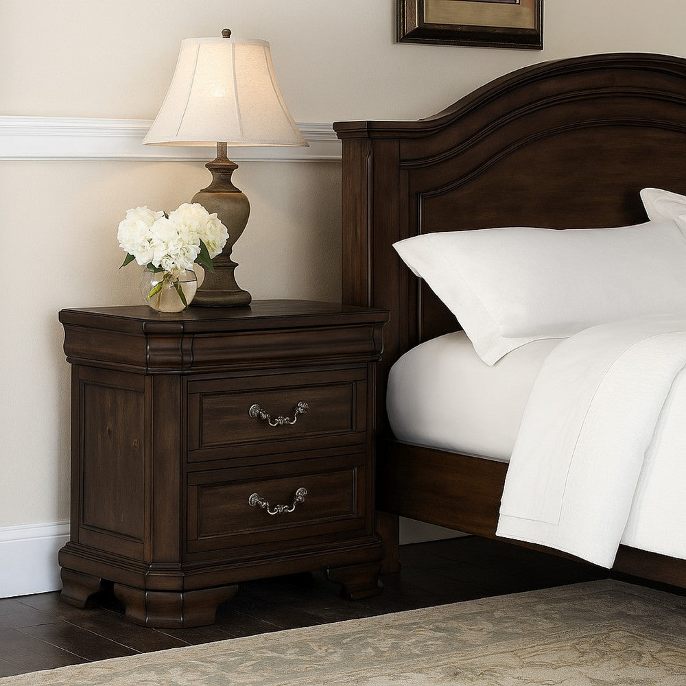 Benjara Lynda Nightstand, 2 Drawers Metal Handles, Brown Acacia Wood, 28 Inch