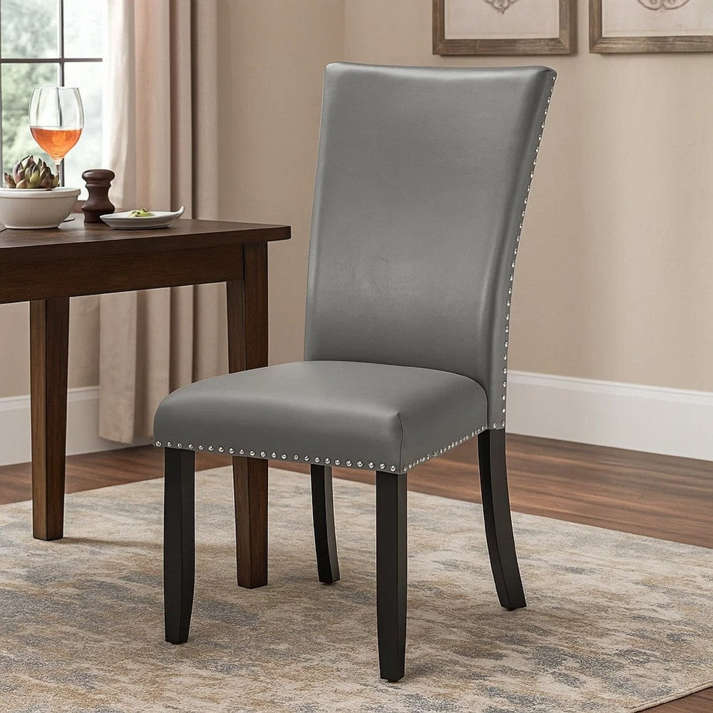 Benjara Lira Dining Chairs Set of 2, Nailhead Trim Gray Fabric, Solid Wood