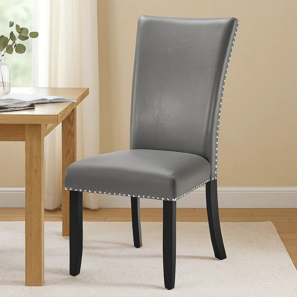 Benjara Lira Dining Chairs Set of 2, Nailhead Trim Gray Fabric, Solid Wood