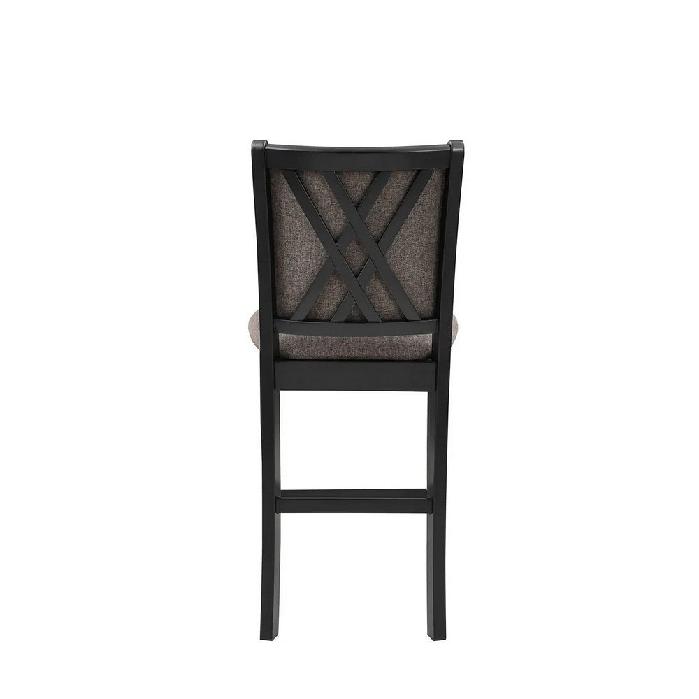 Benjara Mac Counter Height Chair Set of 2, Lattice Pattern, Black Brown Wood