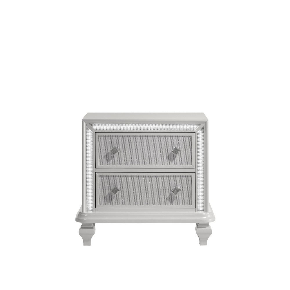 Benjara Stacy Nightstand with 2 Drawers And LED Lights, Silver And White Wood