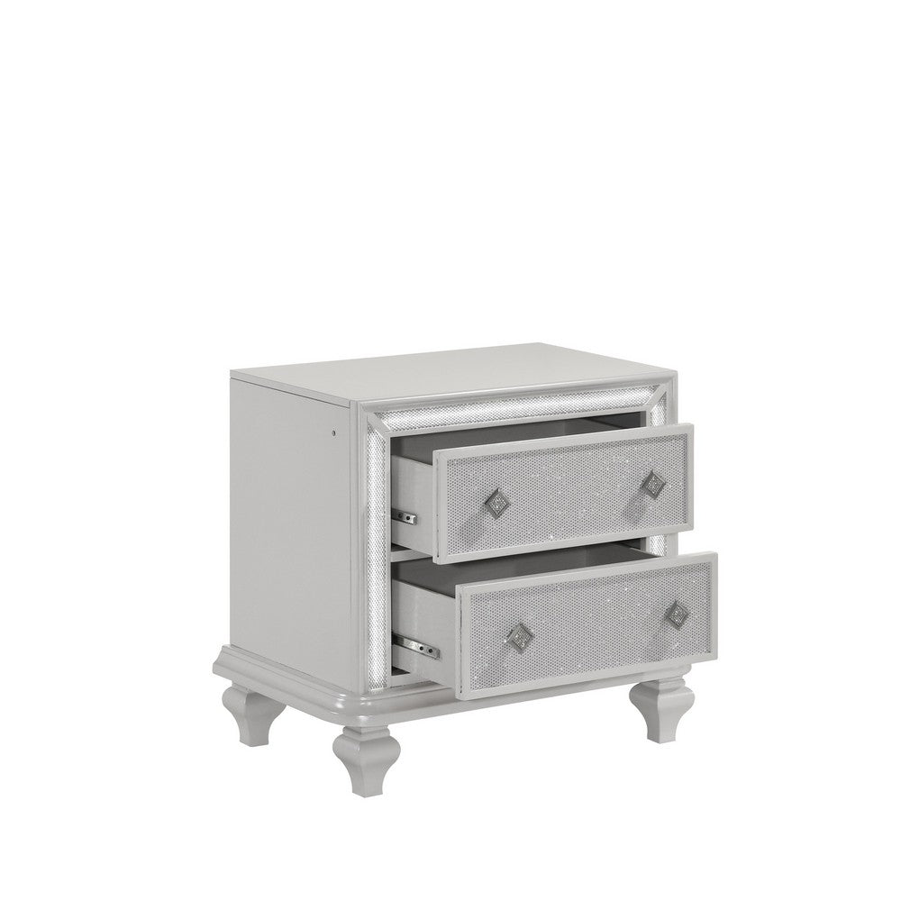 Benjara Stacy Nightstand with 2 Drawers And LED Lights, Silver And White Wood