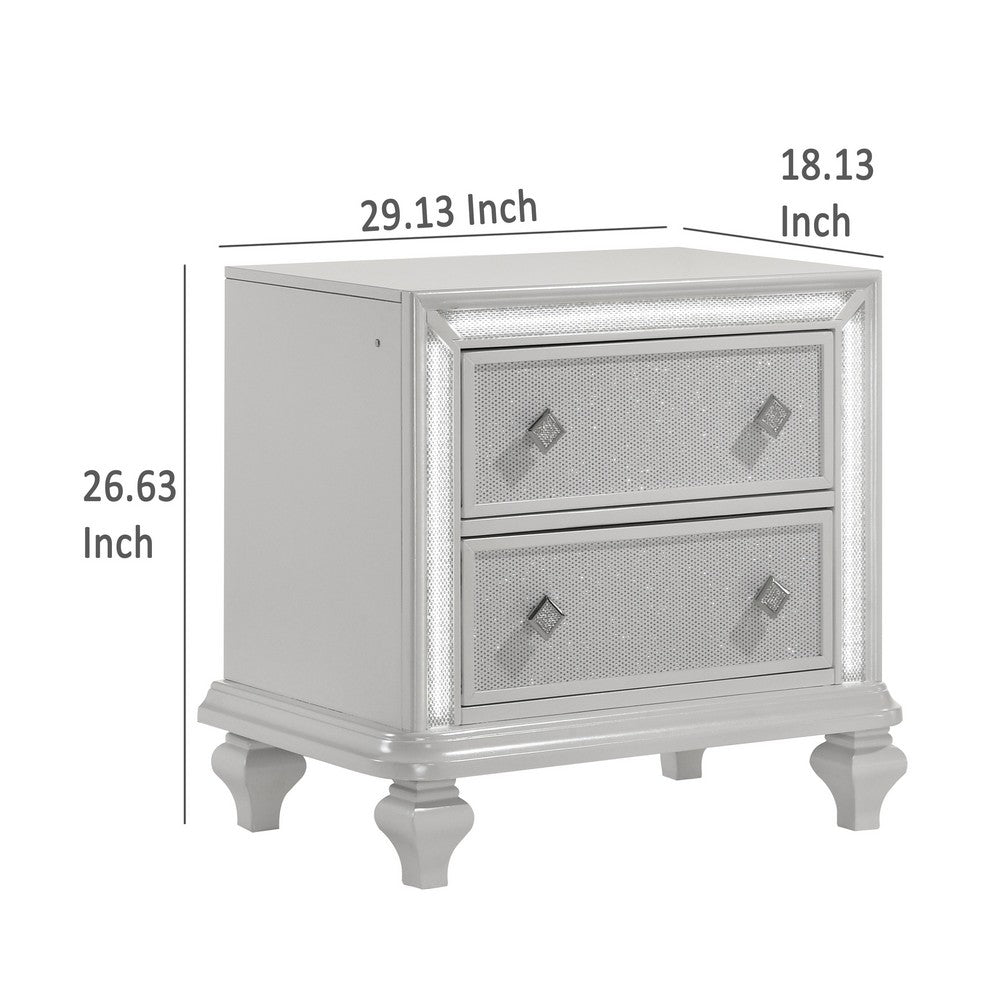 Benjara Stacy Nightstand with 2 Drawers And LED Lights, Silver And White Wood