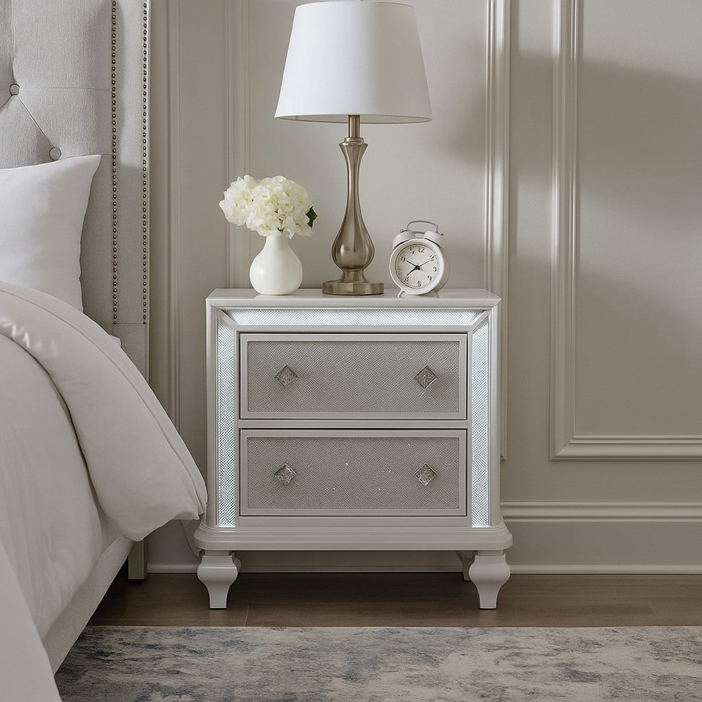 Benjara Stacy Nightstand with 2 Drawers And LED Lights, Silver And White Wood