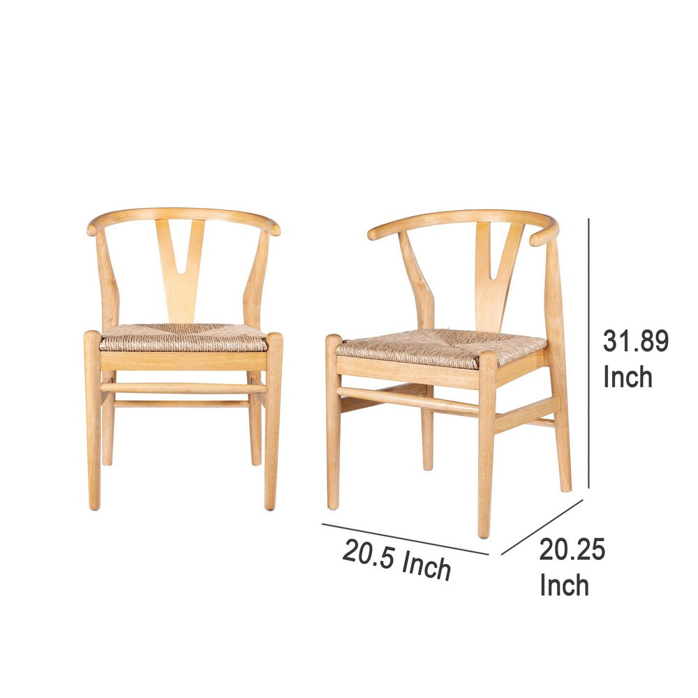 Benjara Cera Dining Chair Set of 2, Handwoven Rope Seat, Natural Brown Wood