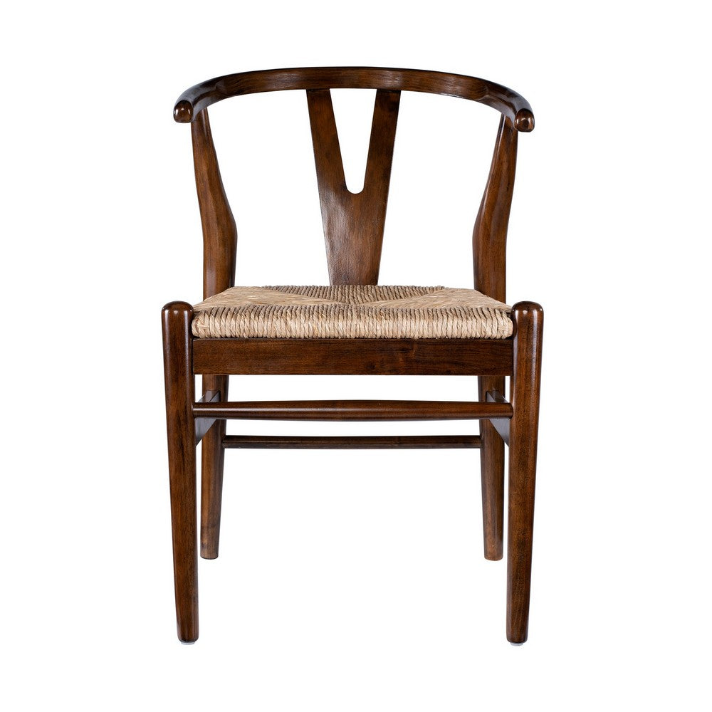 Benjara Cera Dining Chair Set of 2, Handwoven Rope, Cappuccino Brown Wood