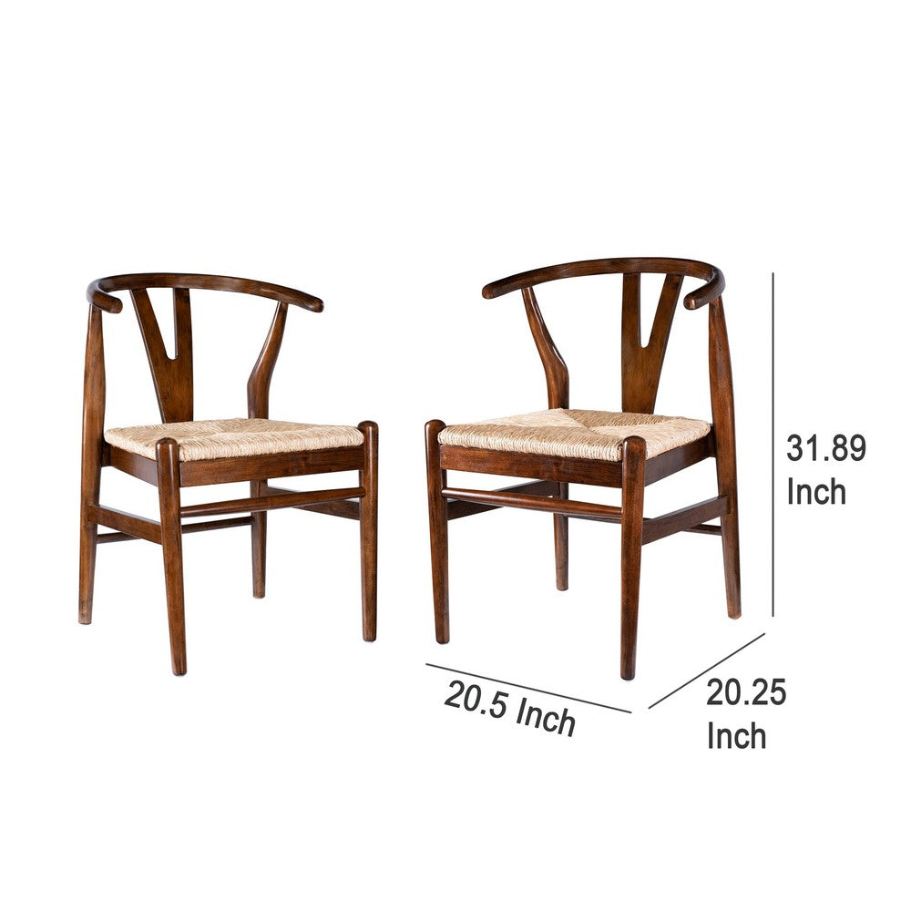 Benjara Cera Dining Chair Set of 2, Handwoven Rope, Cappuccino Brown Wood