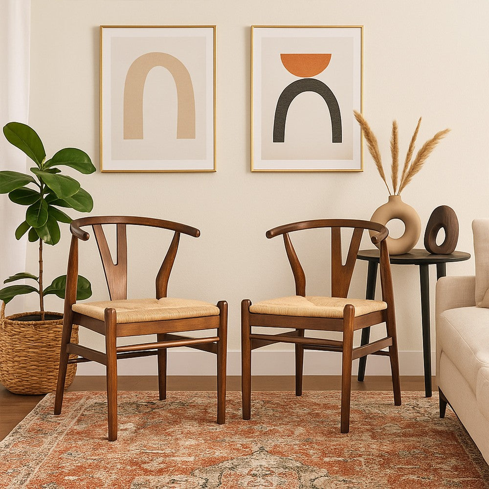 Benjara Cera Dining Chair Set of 2, Handwoven Rope, Cappuccino Brown Wood