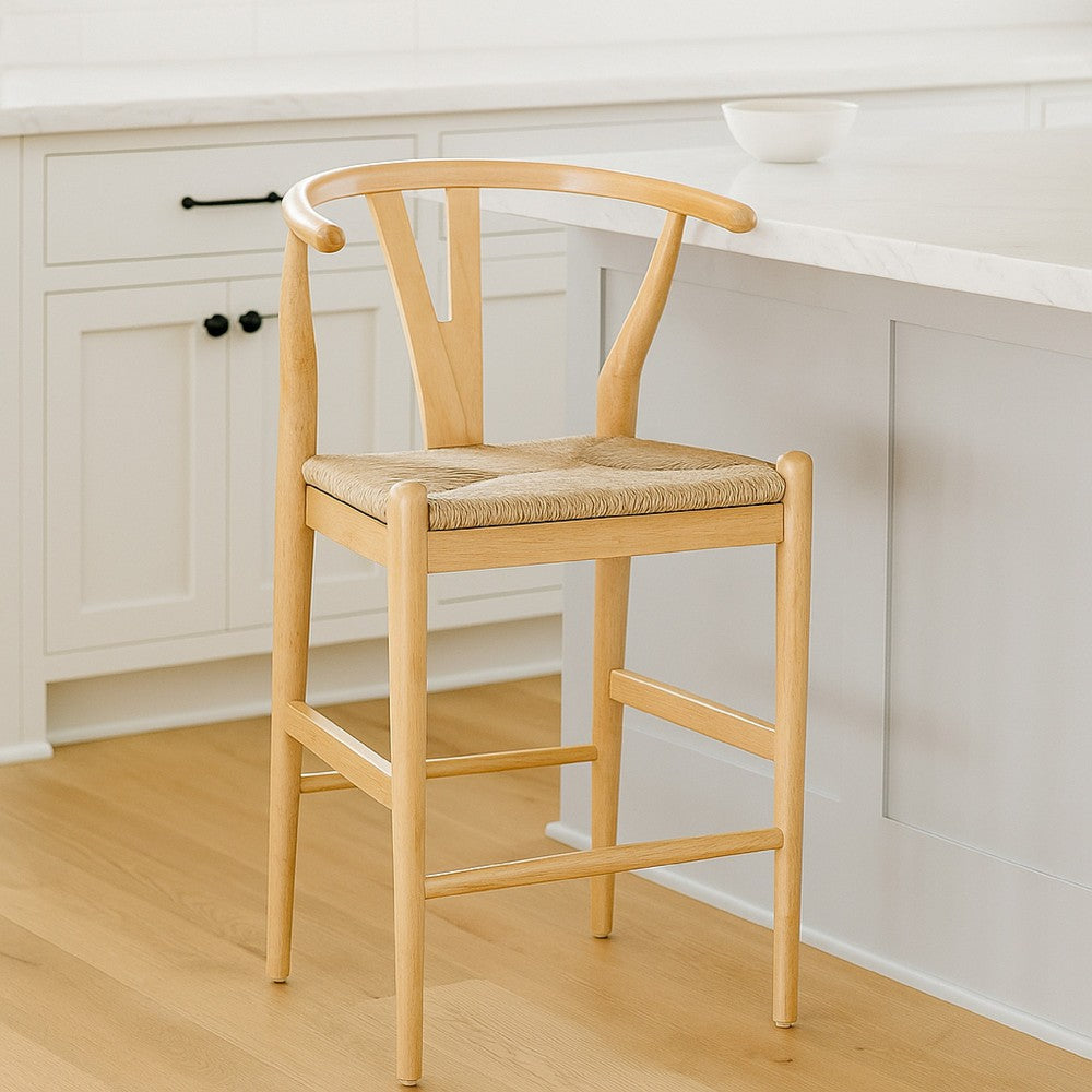 Benjara Cera Counter Stool Chair, Handwoven Rope, Natural Brown Wood