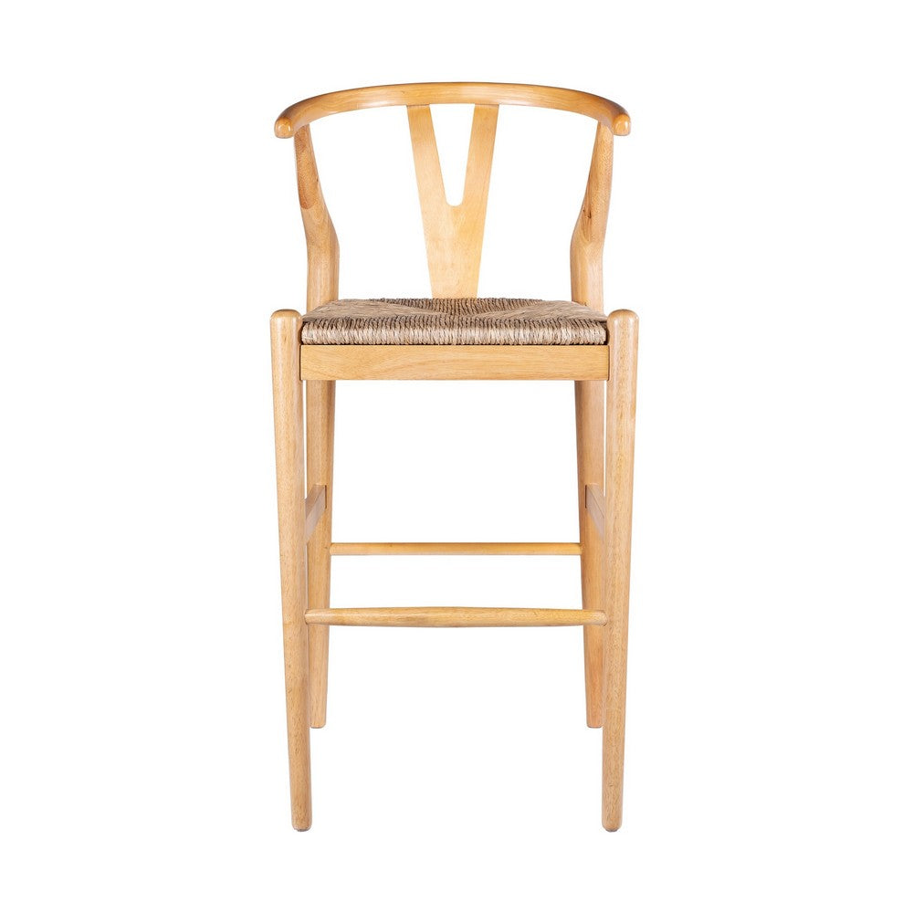 Benjara Cera Wishbone Barstool Chair, Handwoven Rope Seat, Natural Brown Wood