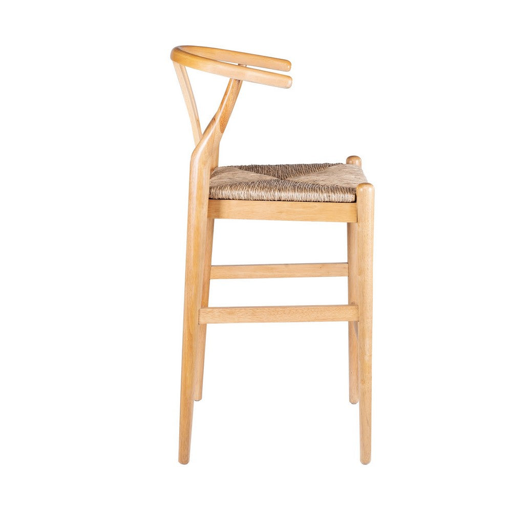 Benjara Cera Wishbone Barstool Chair, Handwoven Rope Seat, Natural Brown Wood