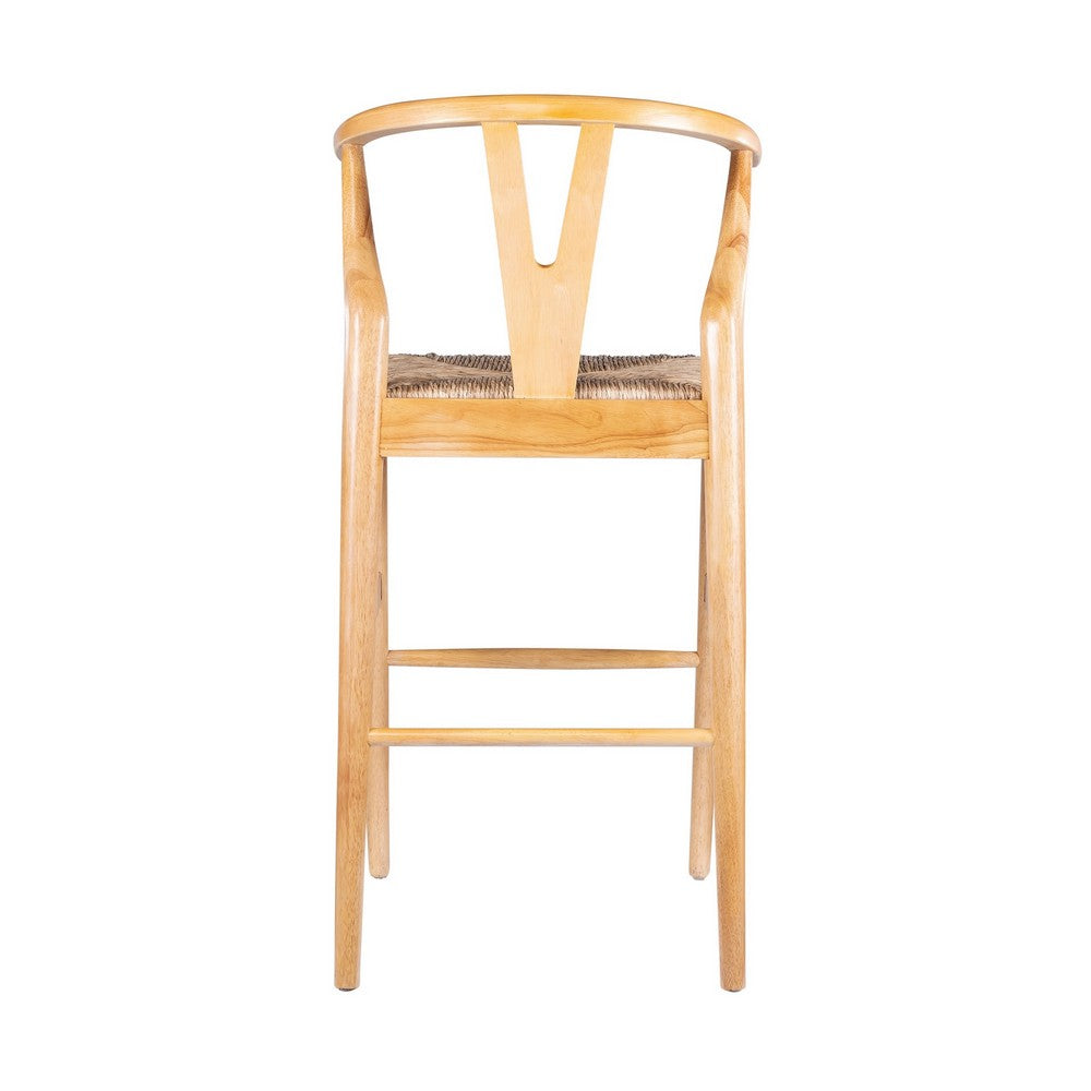Benjara Cera Wishbone Barstool Chair, Handwoven Rope Seat, Natural Brown Wood