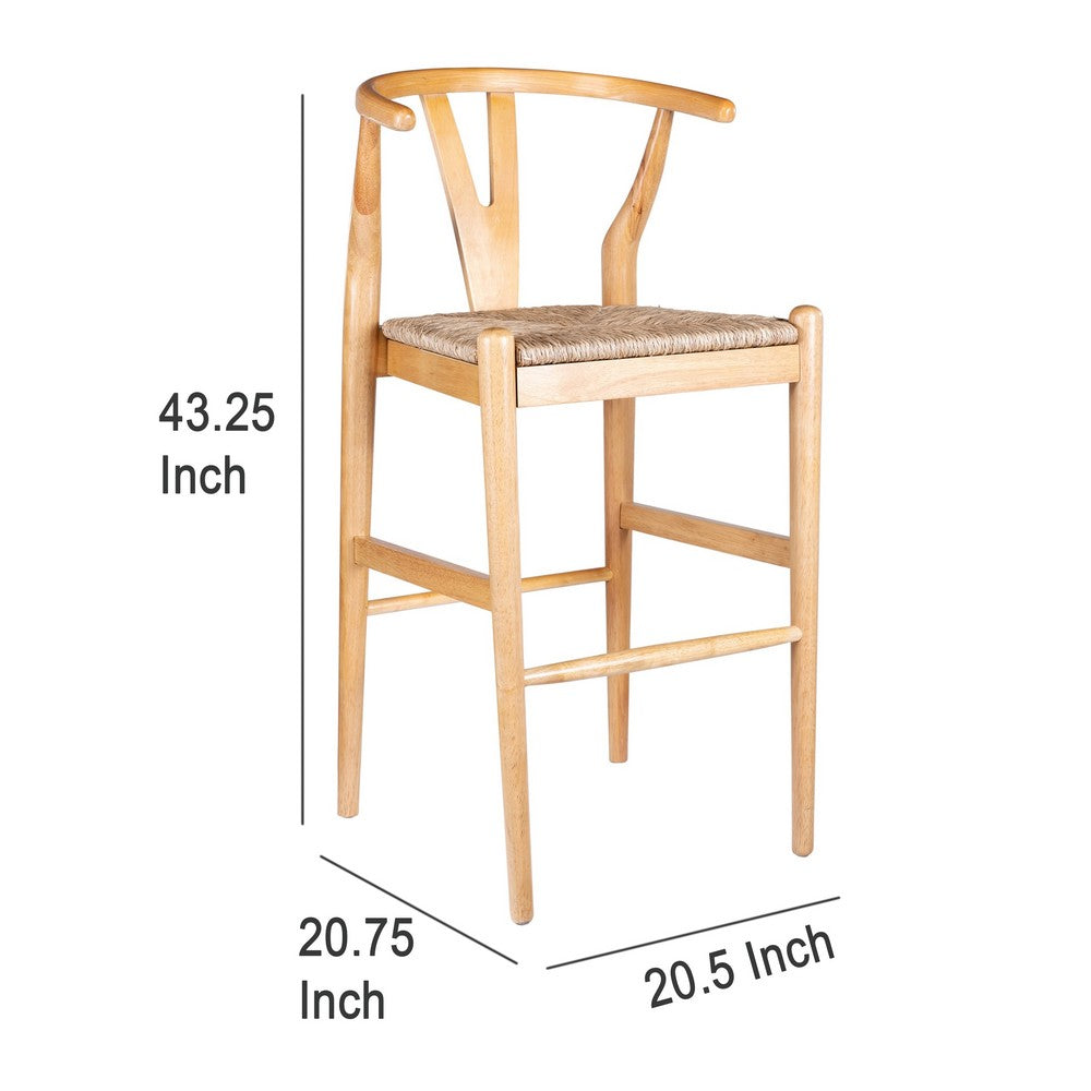 Benjara Cera Wishbone Barstool Chair, Handwoven Rope Seat, Natural Brown Wood