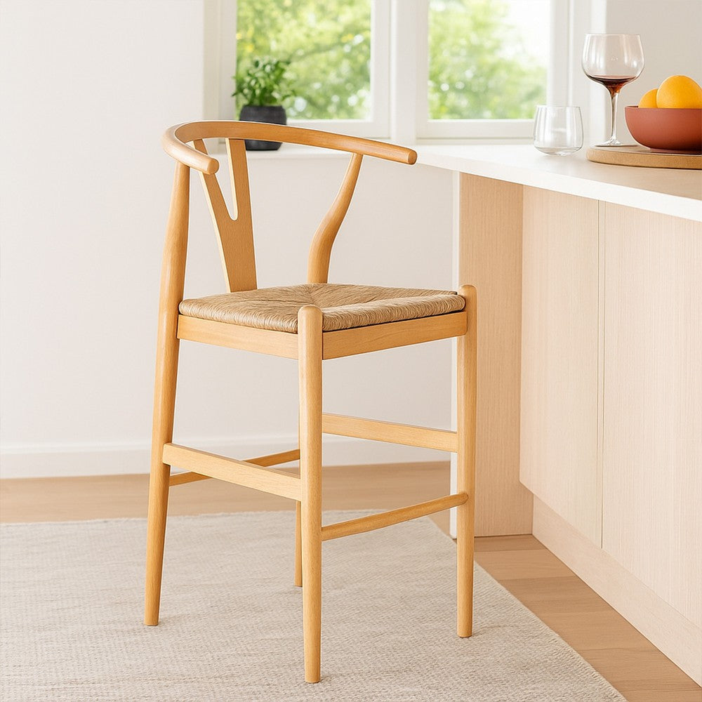 Benjara Cera Wishbone Barstool Chair, Handwoven Rope Seat, Natural Brown Wood