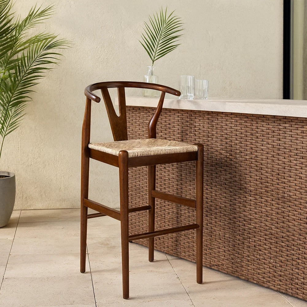 Benjara Cera Barstool Chair, Handwoven Rope Seat, Cappuccino Brown