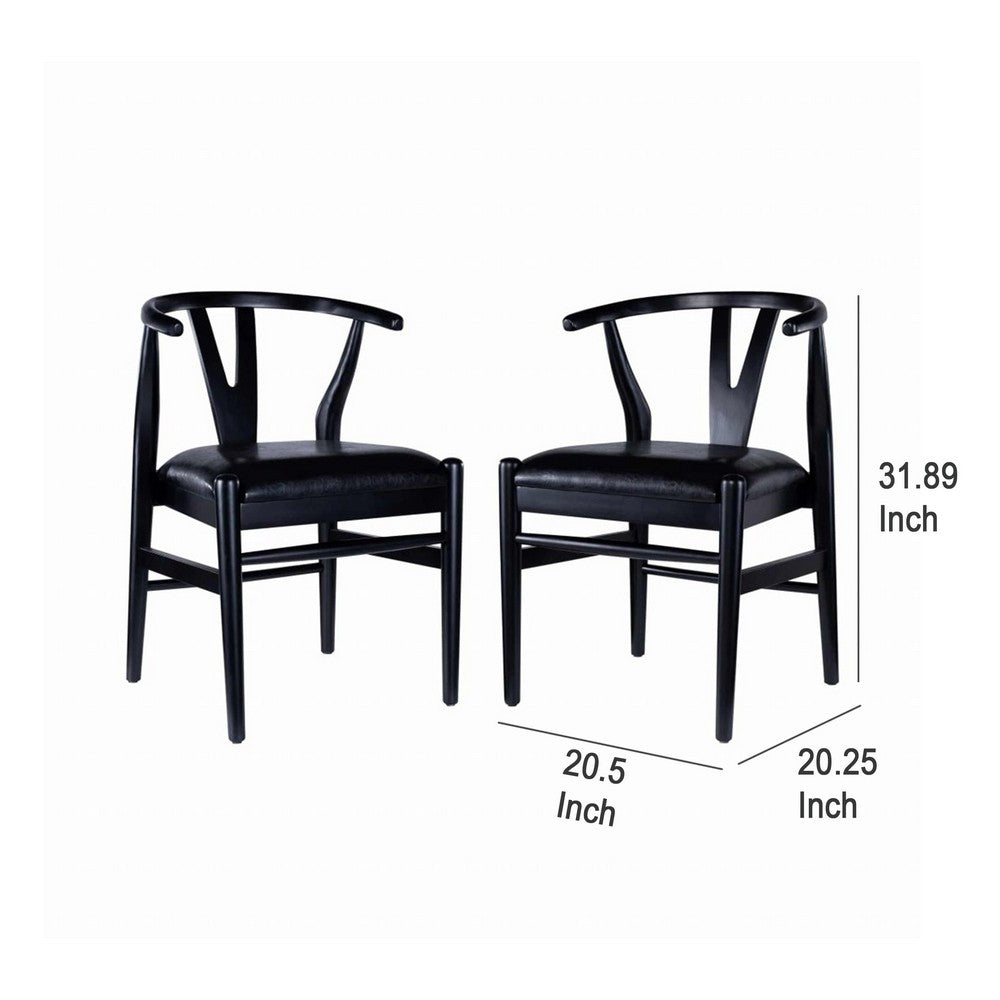 Benjara Cera Dining Chair Set of 2, Rich Faux Leather Seat, Black Rubberwood