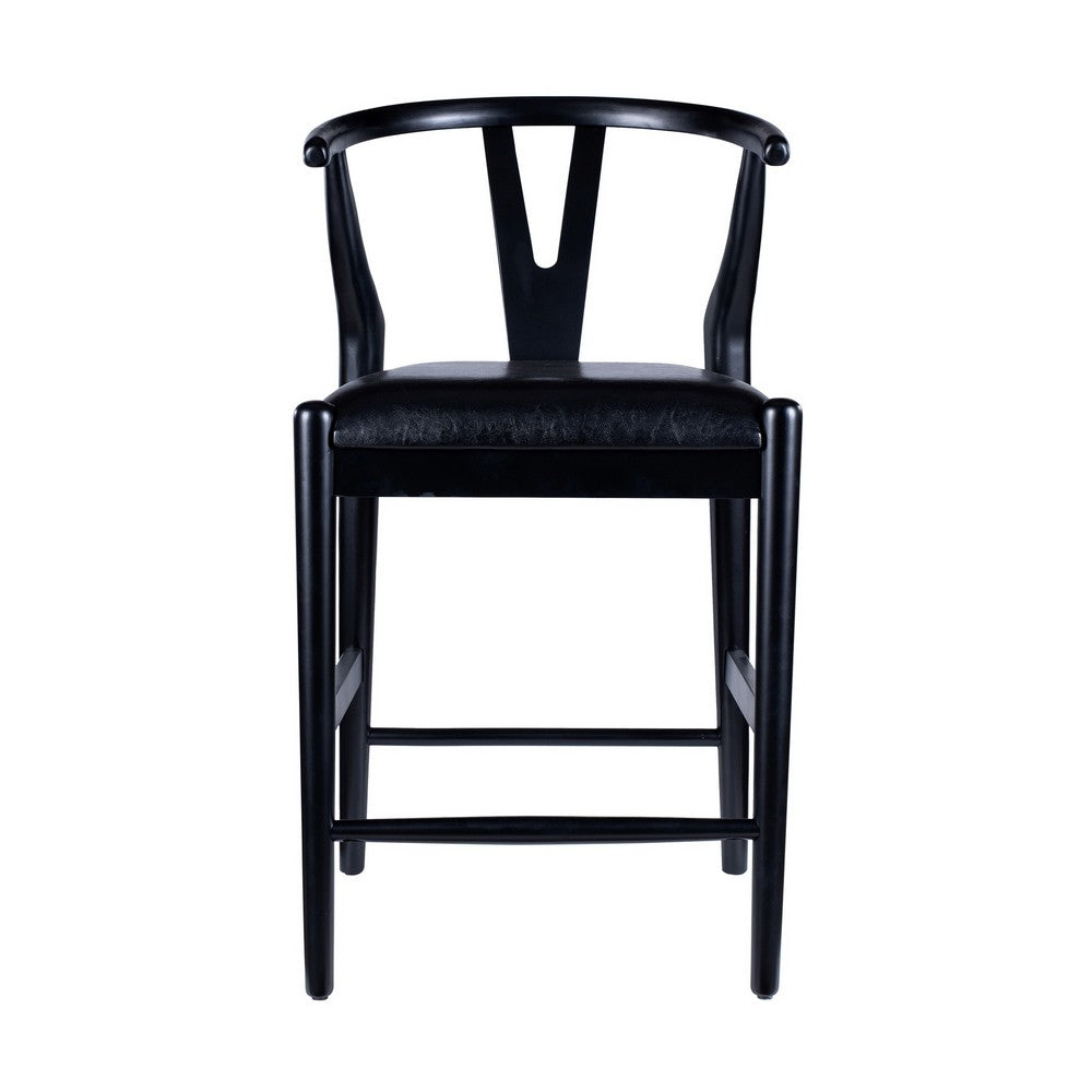 Benjara Cera Counter Stool Chair, Faux Leather Seat, Black Rubberwood