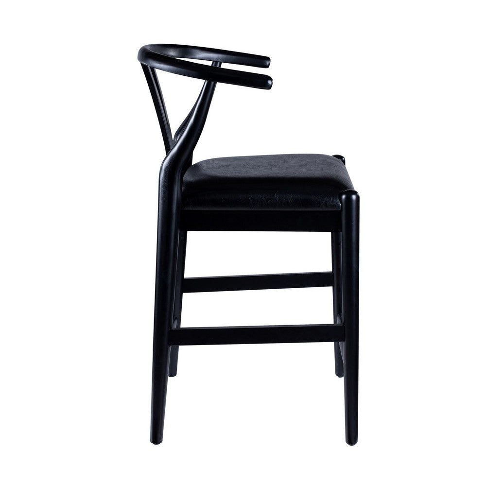 Benjara Cera Counter Stool Chair, Faux Leather Seat, Black Rubberwood