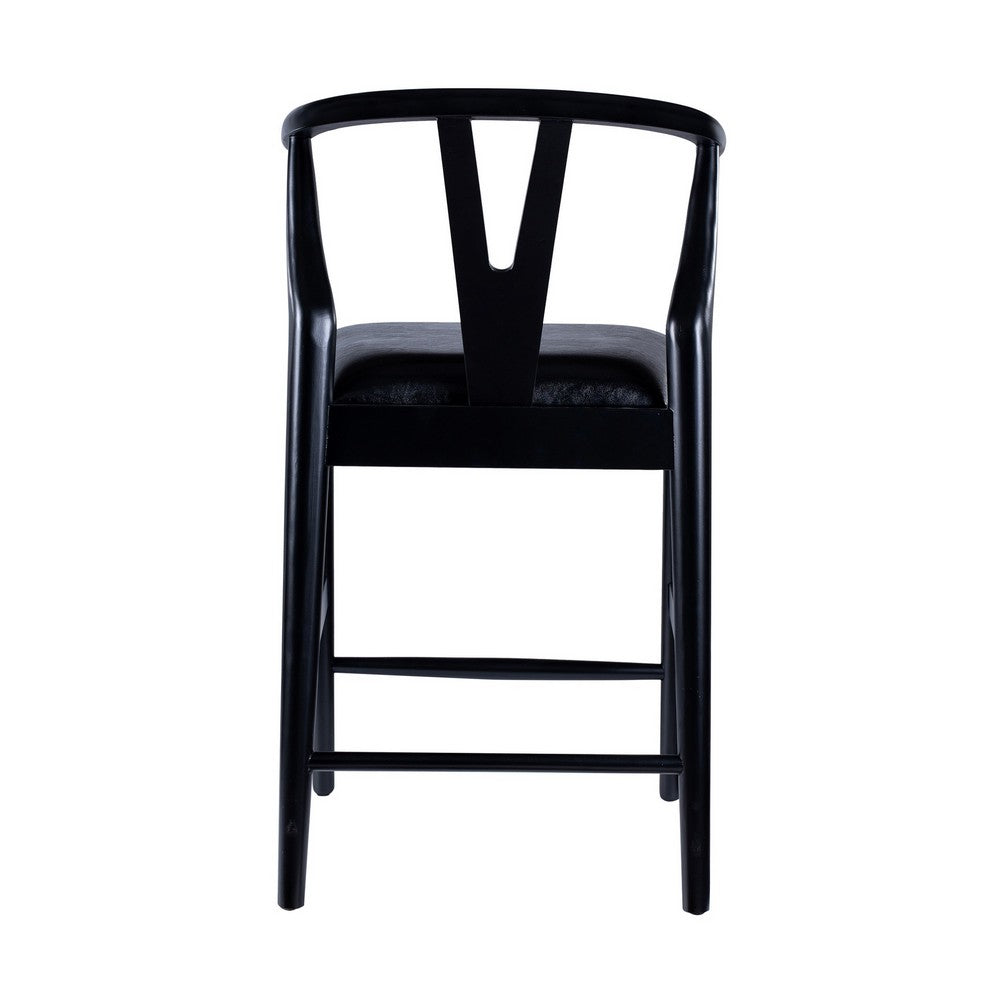 Benjara Cera Counter Stool Chair, Faux Leather Seat, Black Rubberwood