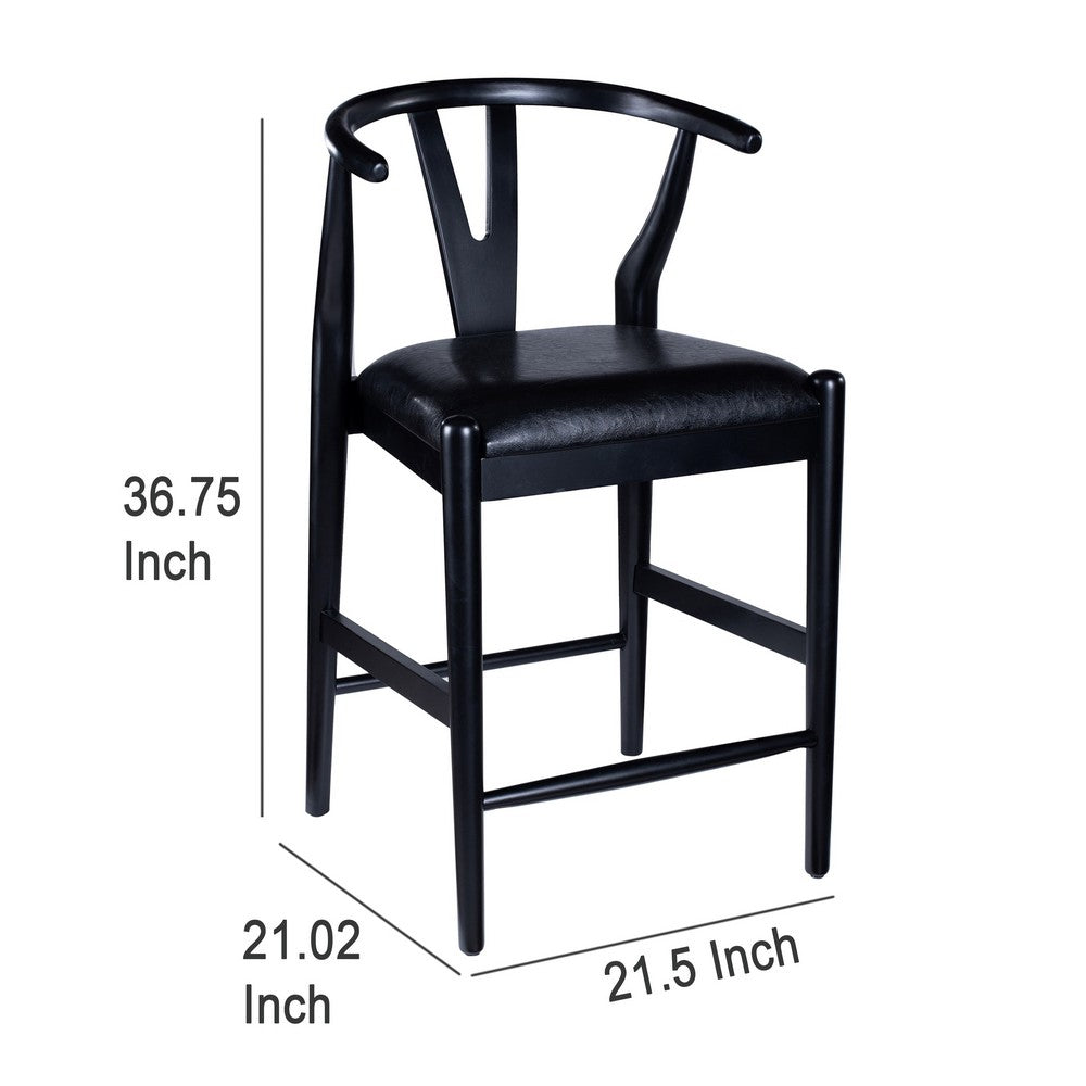 Benjara Cera Counter Stool Chair, Faux Leather Seat, Black Rubberwood
