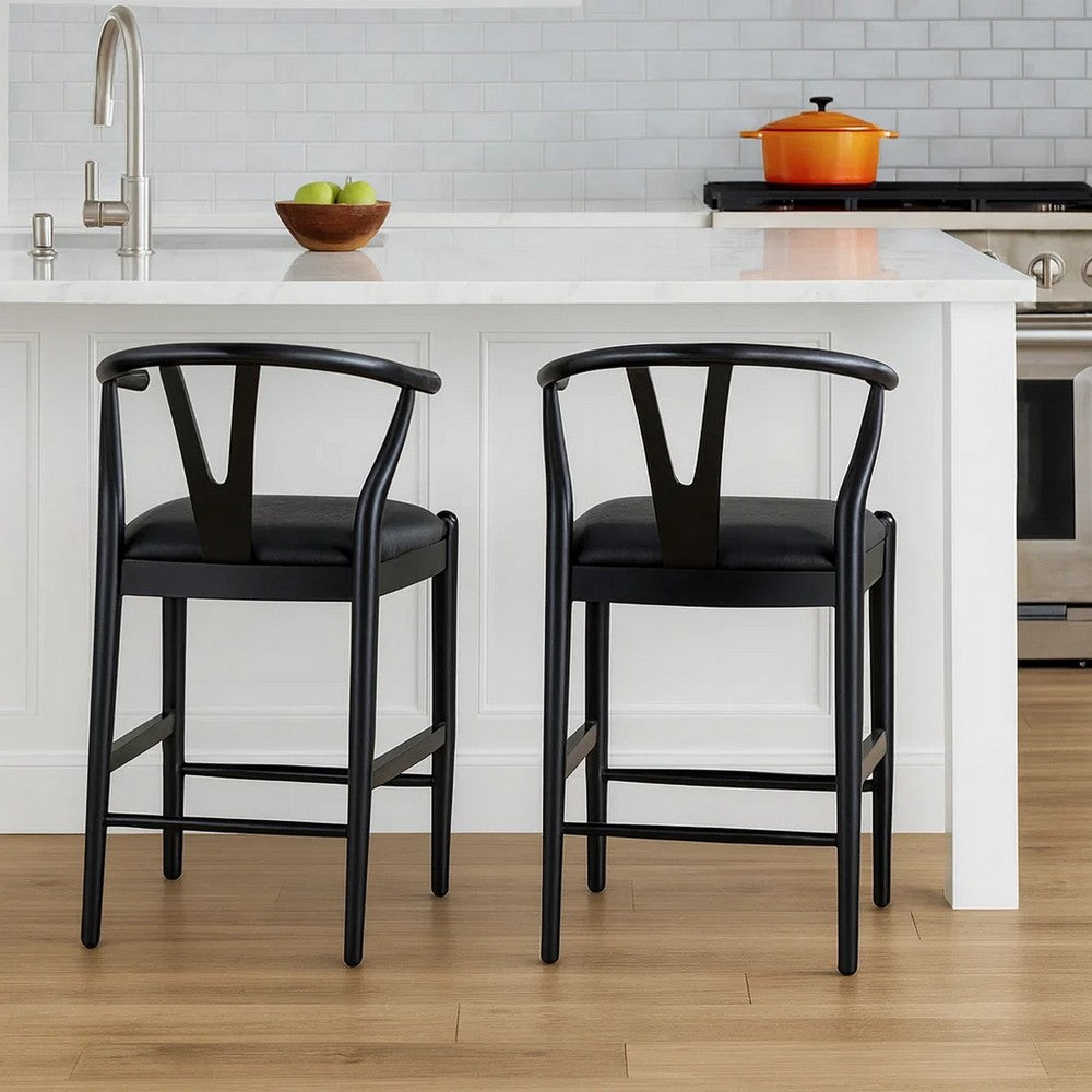 Benjara Cera Counter Stool Chair, Faux Leather Seat, Black Rubberwood