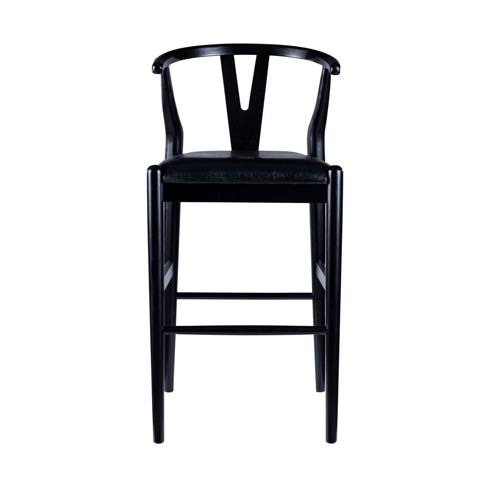 Benjara Cera Barstool Chair Set of 2, Rich Faux Leather Seat, Black Rubberwood