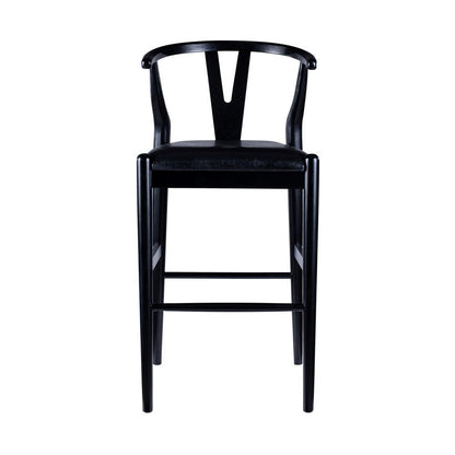Benjara Cera Barstool Chair Set of 2, Rich Faux Leather Seat, Black Rubberwood