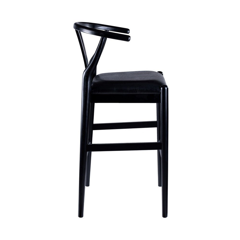 Benjara Cera Barstool Chair Set of 2, Rich Faux Leather Seat, Black Rubberwood