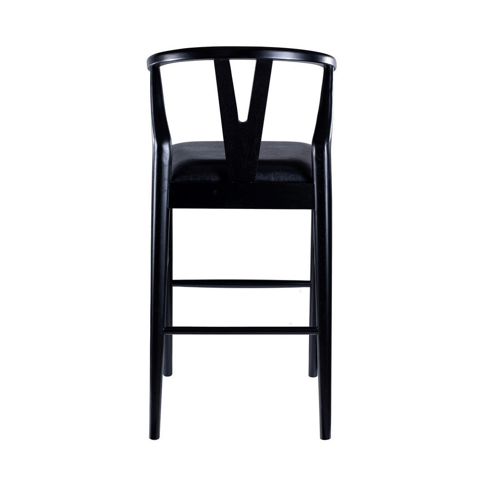 Benjara Cera Barstool Chair Set of 2, Rich Faux Leather Seat, Black Rubberwood