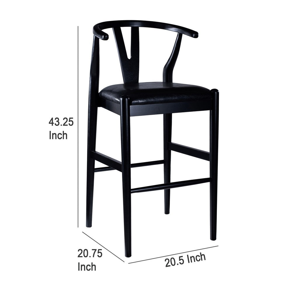 Benjara Cera Barstool Chair Set of 2, Rich Faux Leather Seat, Black Rubberwood