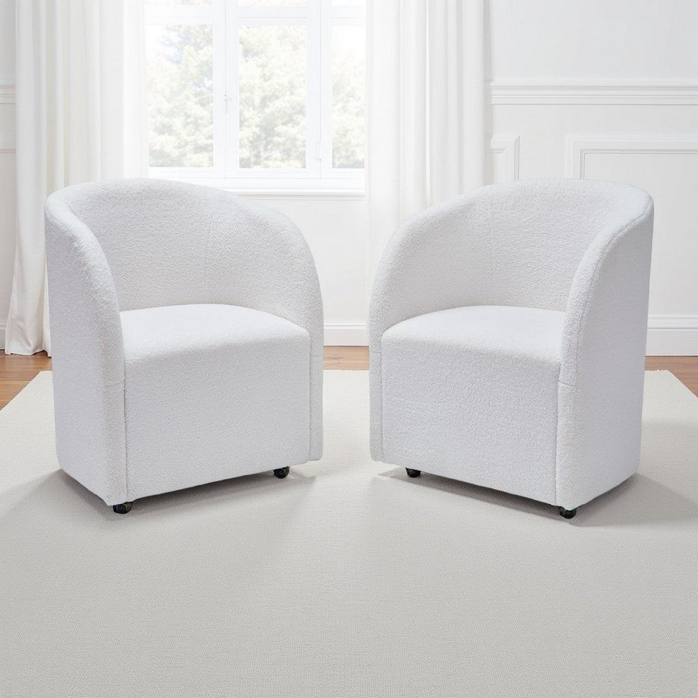 Benjara Robeck Dining Armchair Set of 2 with Wheels, Ivory Boucle Polyester