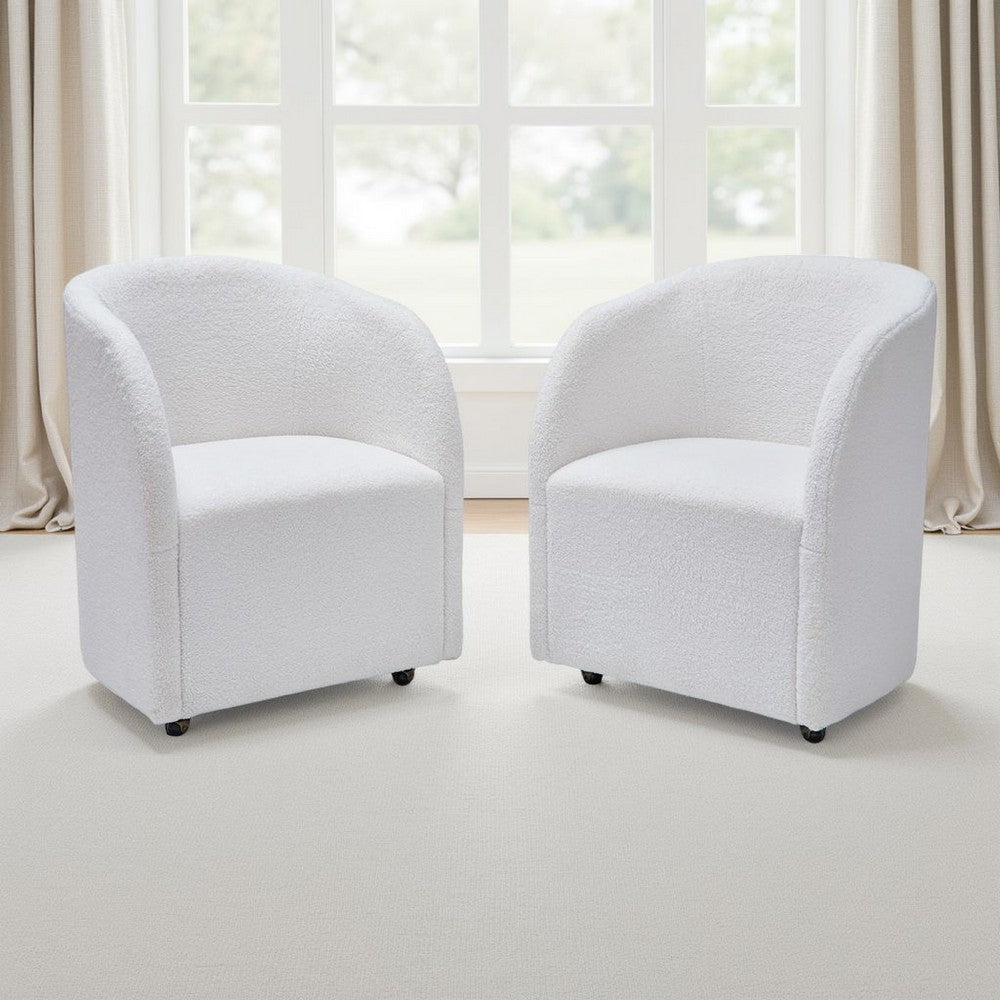 Benjara Robeck Dining Armchair Set of 2 with Wheels, Ivory Boucle Polyester