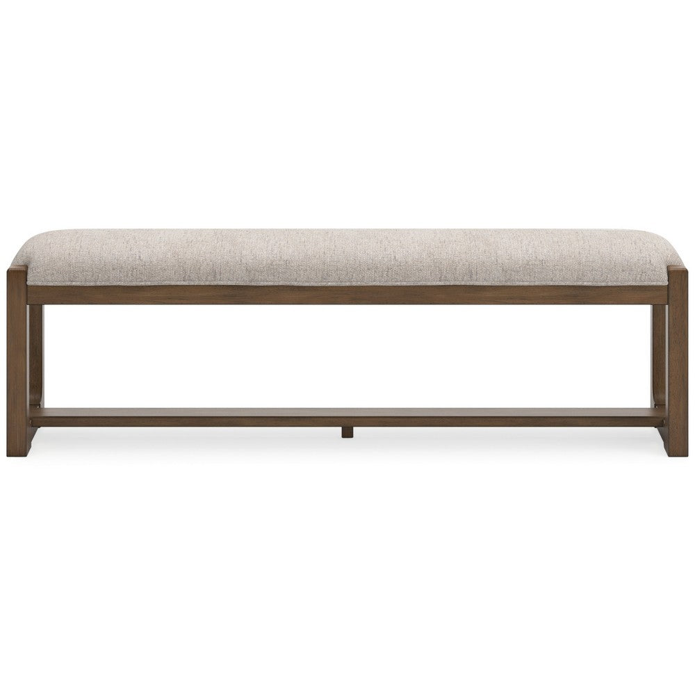 Benjara Cabal Large Dining Bench, Padded Beige Polyester, Brown Wood, 64 Inch